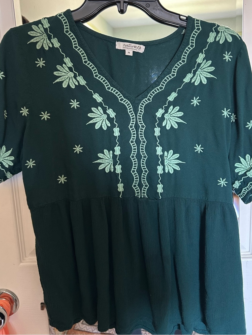 Embroidered V-Neck Peasant Top in Dark Green